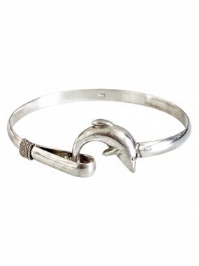 Vintage 925 Sterling Silver Dolphin Hinged Hook and Eye Bangle Bracelet